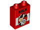 Part No: 4066pb277  Name: Duplo, Brick 1 x 2 x 2 with Cow, Glass and 'MILK' Pattern