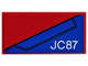 Part No: 87079pb0612L  Name: Tile 2 x 4 with Blue Wing Panel and 'JC87' on Red Background Pattern Model Left Side (Sticker) - Set 76076