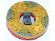 Part No: 92549c04pb02  Name: Turntable 6 x 6 x 1 1/3 Round Base with Pearl Gold Top with Gold Faces on Blue Pattern (Ninjago Spinner)