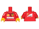 Part No: 973pb1701c01  Name: Torso Racing Suit with Ferrari, Shell, and Santander Logos on Front, Scuderia Ferrari Logo on Back Pattern (Stickers) / Red Arms / Yellow Hands