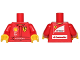 Part No: 973pb2133c01  Name: Torso Racing Suit with Ferrari, Shell, UPS, and Kaspersky Logos on Front, Scuderia Ferrari and Santander Logos on Back Pattern (Stickers) / Red Arms / Yellow Hands