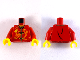 Part No: 973pb3416c01  Name: Torso Robe with Orange and Yellow Dragon, Gold Trim and 3 Clasps Pattern / Red Arms / Yellow Hands