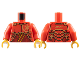 Part No: 973pb5553c01  Name: Torso Armor Plates with Gold Ninjago Logogram 'K' on Front and 'KAI' on Back over Dark Red Tunic with Bright Light Orange Trim Pattern / Red Arms / Pearl Gold Hands