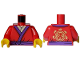 Part No: 973pb5702c01  Name: Torso Tunic with Dark Purple Hems and Belt, Black Trim, Tan Shirt, Gold Circle with Ninjago Logogram 'T OF S' on Back Pattern / Red Arms / Yellow Hands