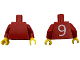 Part No: 973pb6185c01  Name: Torso Soccer Plain with White Number 9 on Back Pattern / Red Arms / Yellow Hands