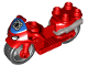 Part No: dupmc3pb03  Name: Duplo Motorcycle with Rubber Wheels, Headlights, Spider-Man Logo on Blue Windshield Pattern