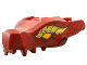 Part No: 72362pb09  Name: Dragon Head (Ninjago) Jaw with 2 Bar Handles on Back with Bright Light Orange Eyes, Gold Scales, and Black and Red Flames Pattern