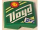Part No: 15068pb486L  Name: Slope, Curved 2 x 2 x 2/3 with Blue 'Dra', White 'Lloyd', Yellow Lowercase Letter e in Red Circle and Yellowish Green Stripes Pattern Model Left Side (Sticker) - Set 71709
