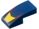 Part No: 11477pb218  Name: Slope, Curved 2 x 1 x 2/3 with Yellow V-Shaped Center Panel, Red Stripes, Black Triangles Pattern