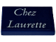 Part No: 26603pb421  Name: Tile 2 x 3 with White 'Chez Laurette' Pattern (Sticker) - Set 910032