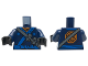 Part No: 973pb2807c01  Name: Torso Ninjago Robe with Ninjago Logogram 'SPARK', Orange Scarf, Blue Sash and Orange Emblem Pattern / Dark Blue Arms / Black Hands
