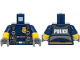 Part No: 973pb3567c02  Name: Torso Police with Harness, Gold Star Badge Logo, Belt and 'POLICE' on Back Pattern / Yellow Arms with Molded Dark Blue Short Sleeves Pattern / Dark Bluish Gray Hands