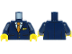Part No: 973pb3949c01  Name: Torso Suit with Pockets over White Shirt, Gold and Dark Orange Striped Tie, Gold Buttons and Logo Pin Pattern / Dark Blue Arms / Yellow Hands