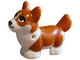 Part No: 109845pb02  Name: Dog, Friends Style, Corgi with Molded White Lower Body and Face and Printed Black Nose and Mouth, Dark Orange Eyes, White Blaze Pattern (Waffles)