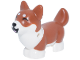 Part No: 109845pb03  Name: Dog, Friends Style, Corgi with Molded White Lower Body and Face and Printed Black Nose and Mouth, Closed Eyes, Bright Pink Tongue, White Spots Pattern (Marimba)