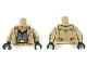 Part No: 973pb3365c01  Name: Torso Trench Coat Open with Buttons over Dark Bluish Gray Armor Suit, Gold Utility Belt, Nougat Bandana Pattern / Dark Tan Arms with Black Gloves, Olive Green Wrappings Pattern / Black Hands