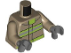 Part No: 973pb6447c01  Name: Torso Fire Uniform Jacket with Lime and Silver Reflective Stripes, Belt and Collar Panel, Fire Logo on Back Pattern / Dark Tan Arms / Dark Bluish Gray Hands