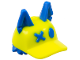 Part No: 11099pb01  Name: Minifigure, Hair Combo, Hair with Hat, Short Hair, Pointed Ears and 'XO' and Molded Neon Yellow Ball Cap Pattern
