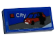 Part No: 3069pb1044  Name: Tile 1 x 2 with LEGO City Set Box Art, Black Minifigure Silhouette and Red Car with Blue Side Windows Pattern (Sticker) - Set 40528
