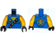 Part No: 973pb1907c01  Name: Torso Ninjago Robe with Gold Asian Characters on Black Sash and Jay Power Emblem Pattern / Yellow Arms / Black Hands