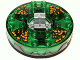 Part No: 98318c12pb01  Name: Turntable 6 x 6 x 1 1/3 Round Base Serrated with Trans-Green Top and Black and Orange Pattern (Ninjago Spinner)