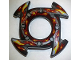 Part No: 98341pb06  Name: Ring 4 x 4 with 2 x 2 Hole and 4 Arrow Ends with Yellow and Red Flames Pattern (Ninjago Spinner Crown)