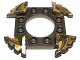 Part No: 98343pb02  Name: Ring 4 x 4 with 2 x 2 Hole and 4 Serrated Ends with Black and Pearl Gold Pattern (Ninjago Spinner Crown)