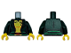 Part No: 973pb5532c01  Name: Torso Super Hero Costume Jacket over Yellow Shirt with Orange Highlights, Black Stripes with Red Belt Buckle and Green Sash Pattern / Dark Green Arms / Yellow Hands
