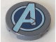 Part No: 14769pb259  Name: Tile, Round 2 x 2 with Bottom Stud Holder with Dark Blue and Metallic Light Blue Avengers Logo Pattern