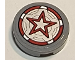 Part No: 14769pb408  Name: Tile, Round 2 x 2 with Bottom Stud Holder with Red Guardian Shield with Star Pattern (Sticker) - Set 77905