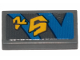 Part No: 3069pb0708R  Name: Tile 1 x 2 with Yellow Markings and Blue Curved and Straight Lines with Black Outline on Dark Bluish Gray Background Pattern Model Right Side (Sticker) - Set 75258