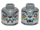 Part No: 3626pb0880  Name: Minifigure, Head Dual Sided Alien Wolf with Light Bluish Gray Eyebrows and Fur, Bright Light Orange Eyes, Black Nose, Neutral with Fangs / Open Mouth with Teeth Parted Pattern
