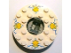 Part No: 92549c01pb02  Name: Turntable 6 x 6 x 1 1/3 Round Base with White Top with Yellow Faces on Blue Pattern (Ninjago Spinner)