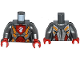 Part No: 973pb2240c01  Name: Torso Nexo Knights Female Armor with Orange and Gold Circuitry and White Dragon Head on Red Pentagonal Shield Pattern / Flat Silver Arms / Red Hands