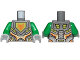 Part No: 973pb2719c01  Name: Torso Nexo Knights Armor with Orange and Gold Circuitry and Lime Emblem Framed with Orange Fox Head Pattern / Green Arms / Light Bluish Gray Hands