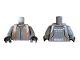 Part No: 973pb3505c01  Name: Torso Racing Suit with Orange and Silver Stripes, 'McLaren', 'SENNA' and 'PIRELLI' Logo Pattern / Dark Bluish Gray Arms / Black Hands