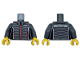 Part No: 973pb5757c01  Name: Torso Racing Jacket with Black Trim and Stripes, Red Zipper and Pockets, and White AMG Logo on Back Pattern / Dark Bluish Gray Arms / Yellow Hands