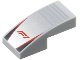 Part No: 11477pb220  Name: Slope, Curved 2 x 1 x 2/3 with Formula 1 Logo Stylized Red 'F1' on Silver Background with Notches, Red Stripes, Black Triangles Pattern