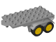 Part No: 18523c01  Name: Duplo Trailer Flatbed 4 x 8 with Hook and Four Black Wheels with Yellow Hubs