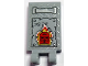 Part No: 30350bpb184  Name: Tile, Modified 2 x 3 with 2 Open O Clips with Silver Handle and Tread Plate, Red, White and Gold Flames and Bionicle Mask Hau Pattern (Sticker) - Set 70436