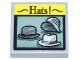 Part No: 3068pb2351  Name: Tile 2 x 2 with Yellow and Black Sign with 'Hats!' and 3 Light Bluish Gray and White Hats with Vintage Print Shading Pattern (Sticker) - Set 21347