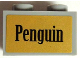 Part No: 32064pb03  Name: Technic, Brick 1 x 2 with Axle Hole with Black 'Penguin' on Gold Background Pattern (Sticker) - Set 7785