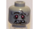 Part No: 3626bpb0436  Name: Minifigure, Head Alien Zombie Black Eyebrows, Red Eyes, Dark Bluish Gray Eye Shadow, Dimples, Drool, and Scar, Open Mouth Snarl with Missing Teeth Pattern - Blocked Open Stud