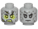 Part No: 3626cpb2619  Name: Minifigure, Head Dual Sided Stone Cracks, Dark Bluish Gray Spots, Lime Energy, Angry / Neutral Pattern - Hollow Stud