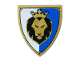 Part No: 3846pb036  Name: Minifigure, Shield Triangular  with Black and Gold Lion Head with Crown on Blue and White Background Pattern