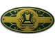 Part No: 92747pb18  Name: Minifigure, Shield Elliptical with Gold and Dark Green Ornate Chair and Scrollwork Pattern