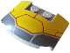 Part No: 93604pb011  Name: Wedge 3 x 4 x 2/3 Triple Curved with Dark Bluish Gray and Yellow Armor Plates and Dark Red Lines Pattern