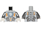 Part No: 973pb2237c01  Name: Torso Nexo Knights Armor with Orange and Gold Circuitry and White Horse Head on Sand Blue Pentagonal Shield Pattern / Flat Silver Arms / White Hands