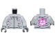 Part No: 973pb5811c01  Name: Torso Hoodie with White Zipper and Drawstrings, Black and Dark Pink Rectangles, Minifigure Head with Zigzag Mouth on Back Pattern / Light Bluish Gray Arms / Dark Bluish Gray Hands