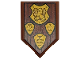 Part No: 22385pb283  Name: Tile, Modified 2 x 3 Pentagonal with Gold Quidditch Shields and Gryffindor Crest with Lion on Dark Brown Wood Grain Background in Black Frame Pattern